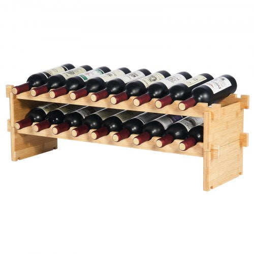 18 Bottle Stackable Modular Wine Rack 2Tier Solid Bamboo Wood Storage