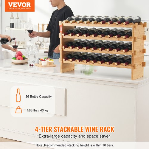 36 Bottle Stackable Modular Wine Rack 4Tier Solid Bamboo Wood Storage