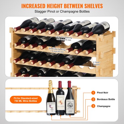 36 Bottle Stackable Modular Wine Rack 4Tier Solid Bamboo Wood Storage