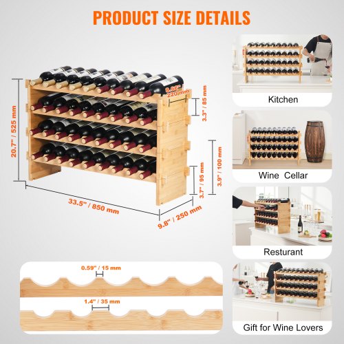 36 Bottle Stackable Modular Wine Rack 4Tier Solid Bamboo Wood Storage