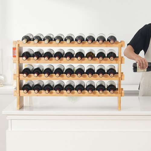 36 Bottle Stackable Modular Wine Rack 4Tier Solid Bamboo Wood Storage
