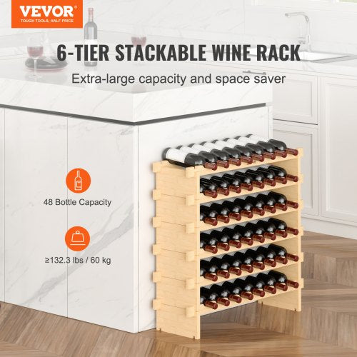 48 Bottle Stackable Modular Wine Rack 6Tier Solid Bamboo Wood Storage