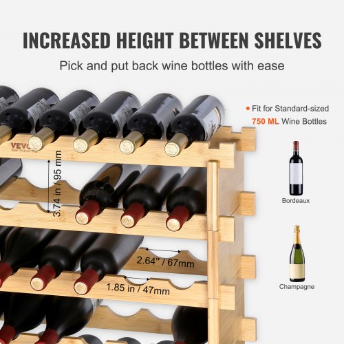 48 Bottle Stackable Modular Wine Rack 6Tier Solid Bamboo Wood Storage