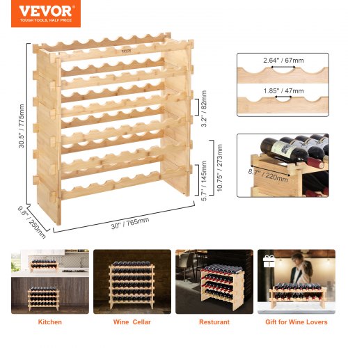 48 Bottle Stackable Modular Wine Rack 6Tier Solid Bamboo Wood Storage