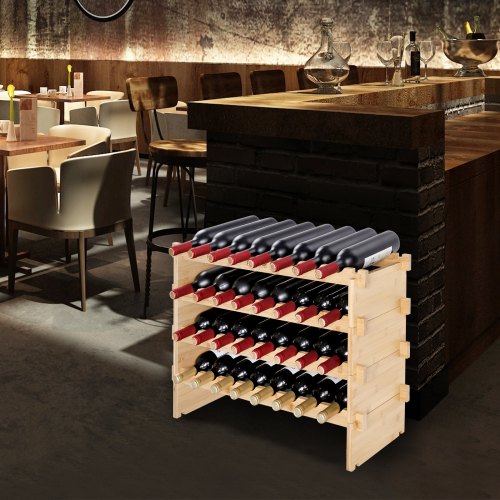 48 Bottle Stackable Modular Wine Rack 6Tier Solid Bamboo Wood Storage