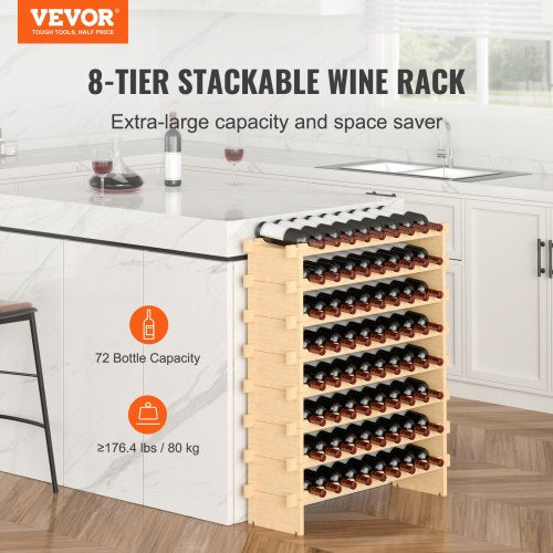 72 Bottle Stackable Modular Wine Rack 8Tier Solid Bamboo Wood Storage