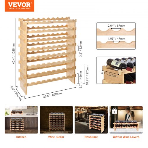 72 Bottle Stackable Modular Wine Rack 8Tier Solid Bamboo Wood Storage