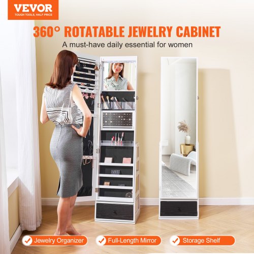 Mirror Jewelry Cabinet 360° Swivel Standing Mirror with Storage Lockable