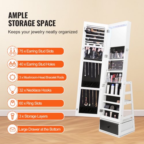 Mirror Jewelry Cabinet 360° Swivel Standing Mirror with Storage Lockable