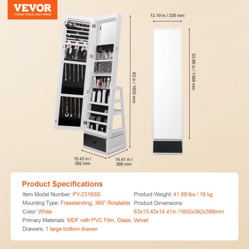 Mirror Jewelry Cabinet 360° Swivel Standing Mirror with Storage Lockable