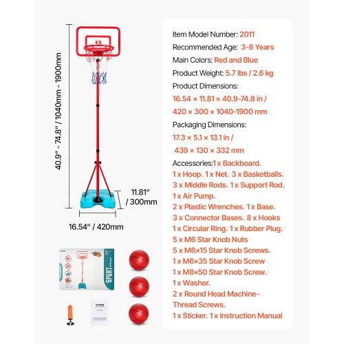 Kids Basketball Hoop Height Adjustable Portable Basketball Court with Fillable