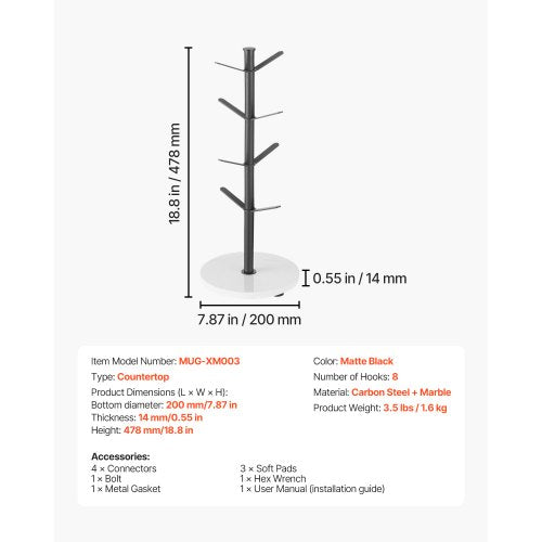 Mug Holder Tree with Marble Base 8 Hooks Coffee Cup Holder for Counter