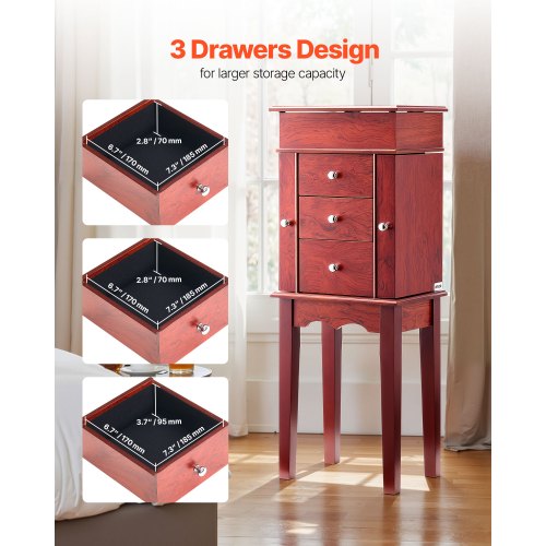 Jewelry Cabinet Armoire Standing Wood Jewelry Storage Chest with 3 Drawers