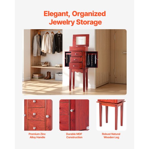 Jewelry Cabinet Armoire Standing Wood Jewelry Storage Chest with 3 Drawers