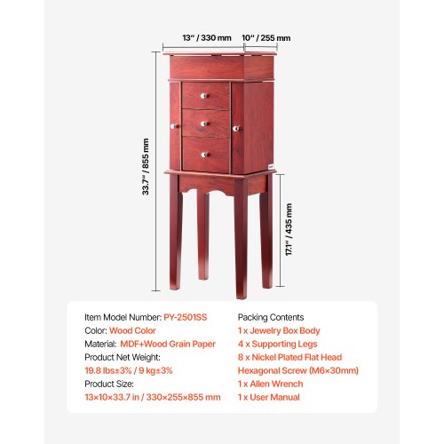 Jewelry Cabinet Armoire Standing Wood Jewelry Storage Chest with 3 Drawers
