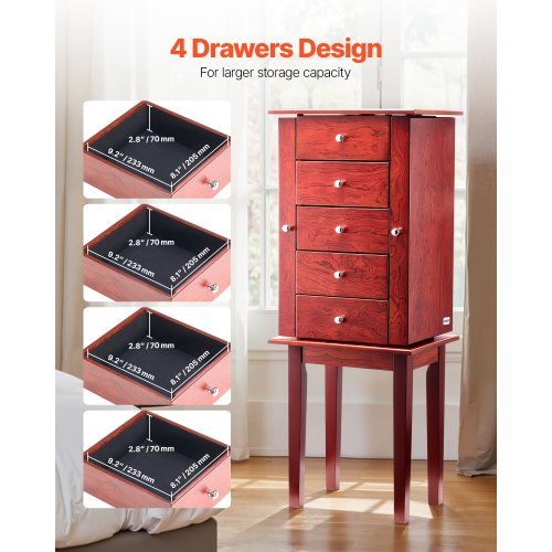 Jewelry Cabinet Armoire Standing Wood Jewelry Storage Chest with 4 Spacious