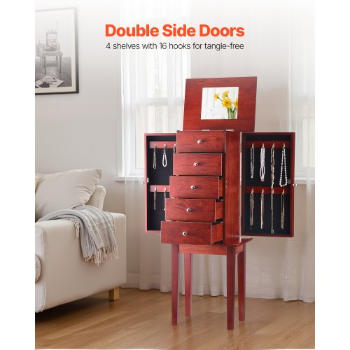 Jewelry Cabinet Armoire Standing Wood Jewelry Storage Chest with 4 Spacious