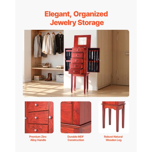 Jewelry Cabinet Armoire Standing Wood Jewelry Storage Chest with 4 Spacious