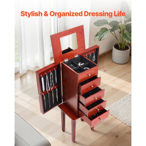 Jewelry Cabinet Armoire Standing Wood Jewelry Storage Chest with 4 Spacious