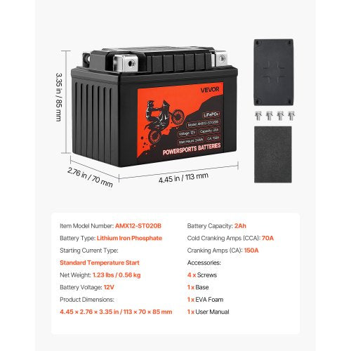 Motorcycle Battery 12 Volt 2Ah LiFePO4 Lithium PreCharged Powersports