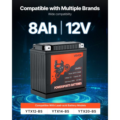 Motorcycle Battery 12 Volt 8Ah LiFePO4 Lithium PreCharged Powersports