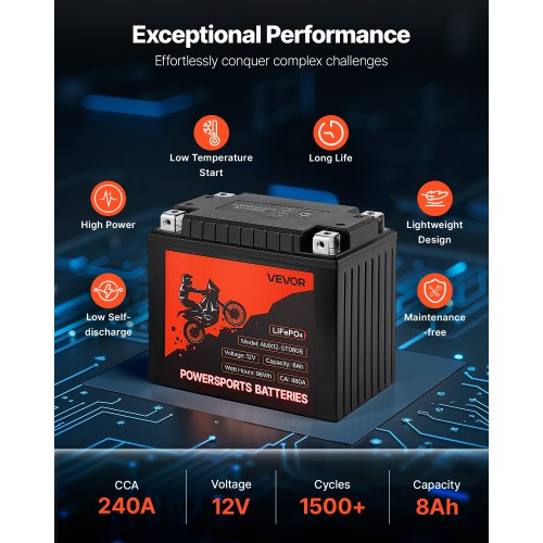 Motorcycle Battery 12 Volt 8Ah LiFePO4 Lithium PreCharged Powersports