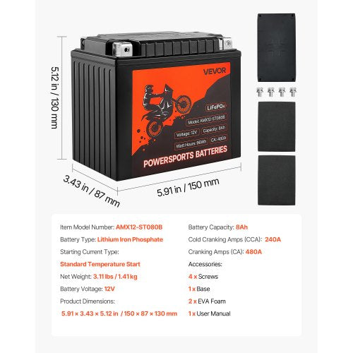 Motorcycle Battery 12 Volt 8Ah LiFePO4 Lithium PreCharged Powersports