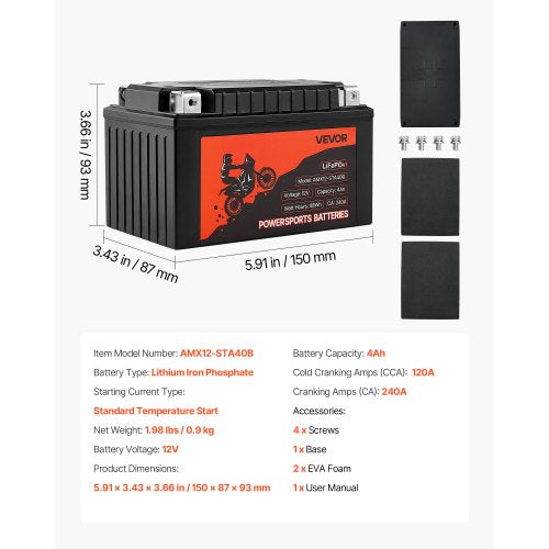 Motorcycle Battery 12 Volt 4Ah LiFePO4 Lithium PreCharged Powersports