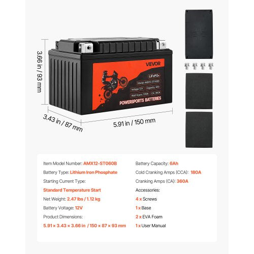 Motorcycle Battery 12 Volt 6Ah LiFePO4 Lithium PreCharged Powersports