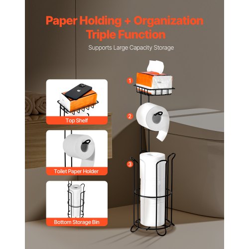 Free Standing Toilet Paper Holder with Shelf 3in1 Premium Metal Material