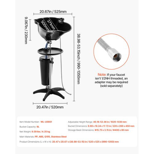 Portable Shampoo Bowl Deep Shampoo Sink with Adjustable Height Angle
