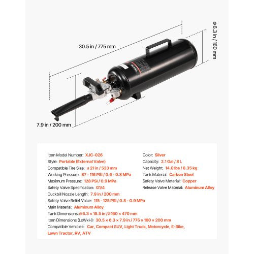 Portable Tire Bead Seater 2.1 Gal 8 L Air Bead Blaster Handheld Tire