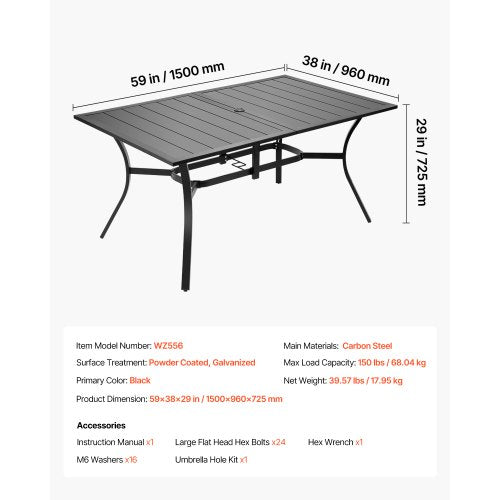 Outdoor Patio Dining Table 59 inch Long Rectangular Metal Steel Slat