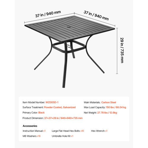 Outdoor Patio Dining Table 37 inch Square Metal Steel Slat Backyard Bistro