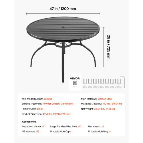 Outdoor Patio Dining Table 47 inch Round Metal Steel Slat Backyard Bistro