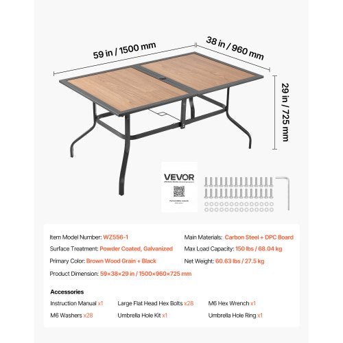 Outdoor Patio Dining Table 59 inch Long Rectangular WoodLike Steel Slat