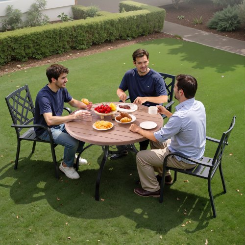 Outdoor Patio Dining Table 41 inch Round WoodLike Steel Slat Backyard