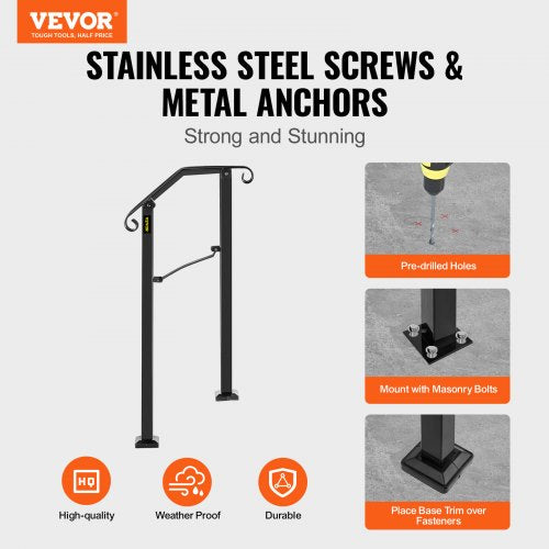 Handrails for Outdoor Steps, Fit 1 or 2 Steps Outdoor Stair Railing, Arch#1 Wrought Iron Handrail, Flexible Porch Railing, Black Transitional Handrails for Concrete Steps or Wooden Stairs