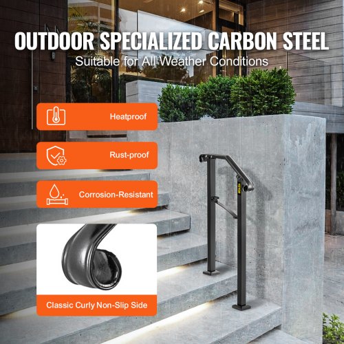 Handrails for Outdoor Steps, Fit 1 or 2 Steps Outdoor Stair Railing, Arch#1 Wrought Iron Handrail, Flexible Porch Railing, Black Transitional Handrails for Concrete Steps or Wooden Stairs