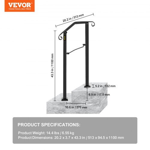 Handrails for Outdoor Steps, Fit 1 or 2 Steps Outdoor Stair Railing, Arch#1 Wrought Iron Handrail, Flexible Porch Railing, Black Transitional Handrails for Concrete Steps or Wooden Stairs