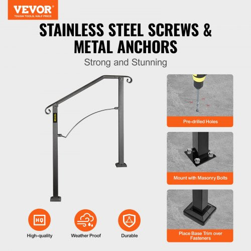 Handrails for Outdoor Steps, Fit 2 or 3 Steps Outdoor Stair Railing, Arch#2 Wrought Iron Handrail, Flexible Porch Railing, Black Transitional Handrails for Concrete Steps or Wooden Stairs