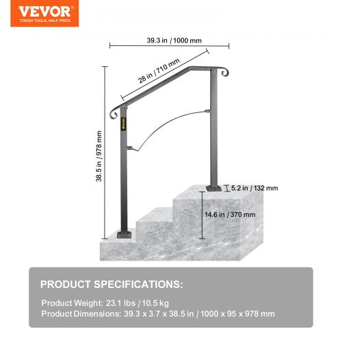 Handrails for Outdoor Steps, Fit 2 or 3 Steps Outdoor Stair Railing, Arch#2 Wrought Iron Handrail, Flexible Porch Railing, Black Transitional Handrails for Concrete Steps or Wooden Stairs