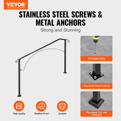 Handrails for Outdoor Steps, Fit 3 or 4 Steps Outdoor Stair Railing, Arch#3 Wrought Iron Handrail, Flexible Porch Railing, Black Transitional Handrails for Concrete Steps or Wooden Stairs