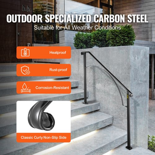 Handrails for Outdoor Steps, Fit 3 or 4 Steps Outdoor Stair Railing, Arch#3 Wrought Iron Handrail, Flexible Porch Railing, Black Transitional Handrails for Concrete Steps or Wooden Stairs
