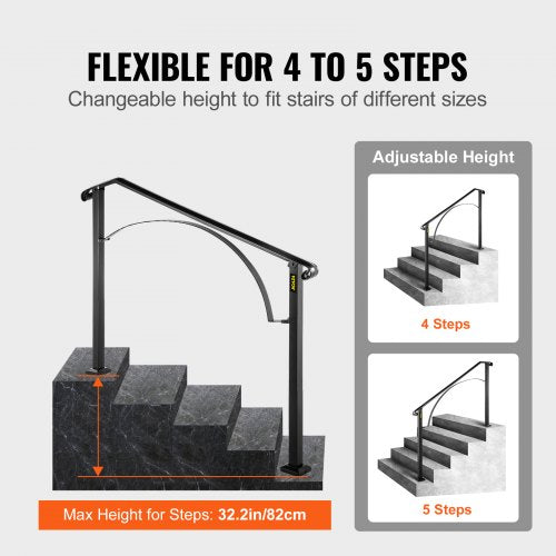 Handrails for Outdoor Steps, Fit 4 or 5 Steps Outdoor Stair Railing, Arch#4 Wrought Iron Handrail, Flexible Porch Railing, Black Transitional Handrails for Concrete Steps or Wooden Stairs