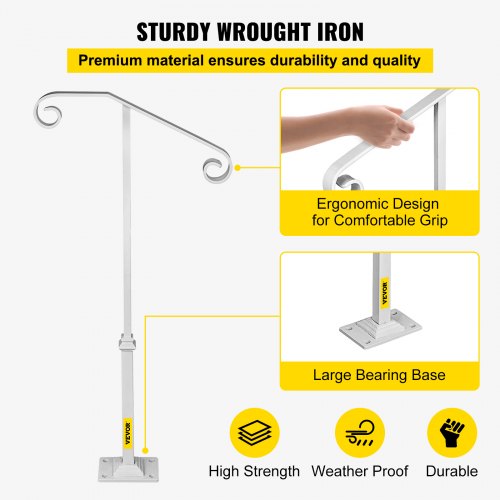 Single Post Handrail White Wrought Iron Post Mount Step Grab Supports Fits 1