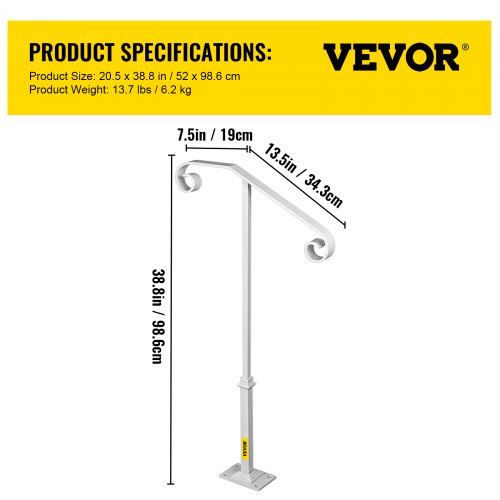 Single Post Handrail White Wrought Iron Post Mount Step Grab Supports Fits 1