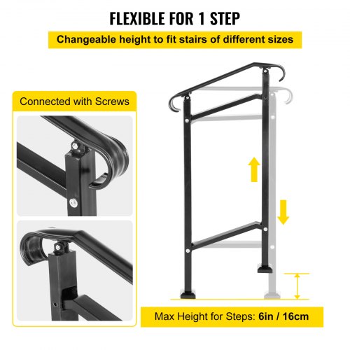 Outdoor Stair Railing Fit 1 or 2 Steps Wrought Iron Handrail Adjustable