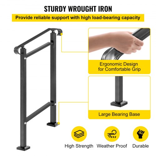 Outdoor Stair Railing Fit 1 or 2 Steps Wrought Iron Handrail Adjustable