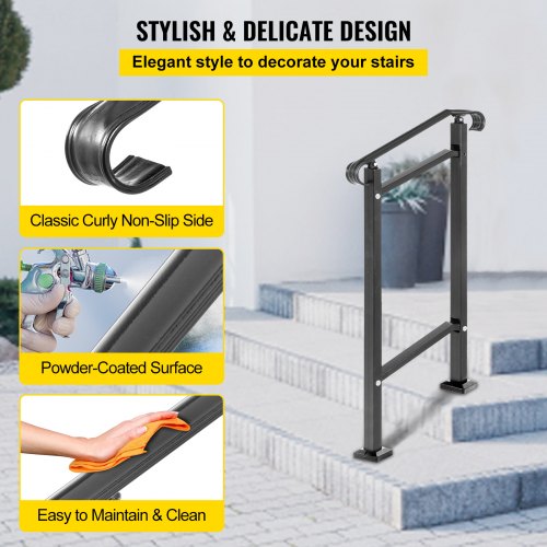 Outdoor Stair Railing Fit 1 or 2 Steps Wrought Iron Handrail Adjustable